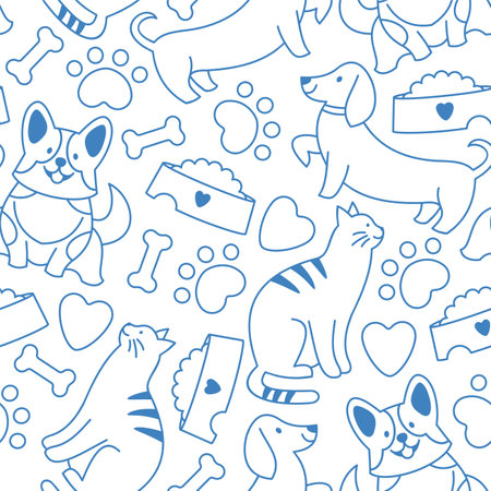 Pet abstract seamless pattern. Dachshund with cat and corgi dog. Vector illustrationのイラスト素材