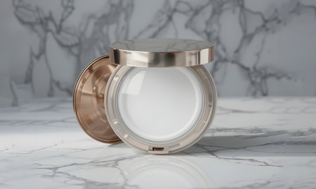 Luxury Round Cushion Compact Mockup in Golden Color, Realistic Cosmetic Packaging Design for Premium Skincare and Makeup Brandingの素材
