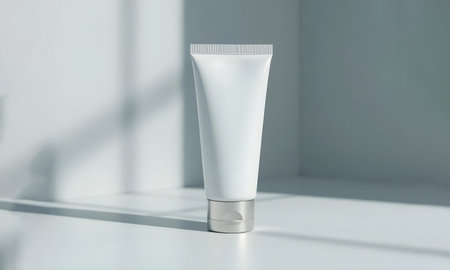 Realistic Mockup of White and Light Blue BB Cream Tube with Silver Cap, Elegant Cosmetic Packaging Design for Modern Beauty and Skincare Brandingの素材