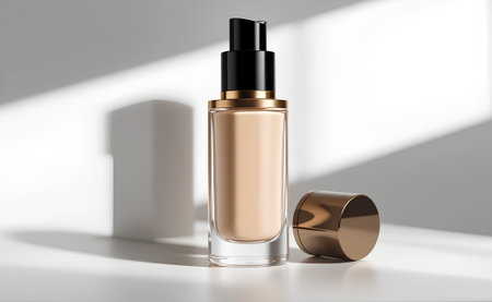 Luxury Glass Foundation Bottle Mockup with Elegant Gold Cap and Golden Accents, Realistic Premium Cosmetic Packaging for High-End Beauty Brandingの素材