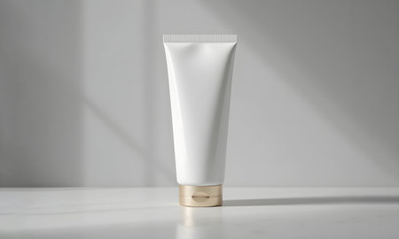 Luxury White BB Cream Tube Mockup with Golden Cap, Realistic Cosmetic Packaging Design for Elegant Skincare and Premium Makeup Brandingの素材