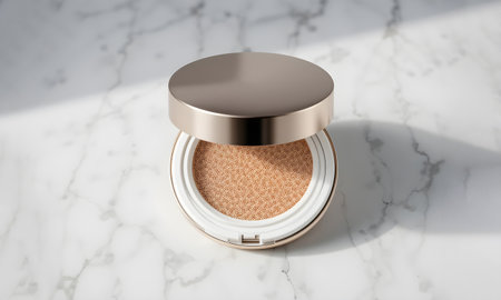 Luxury Round Cushion Compact Mockup in Golden Color, Realistic Cosmetic Packaging Design for Premium Skincare and Makeup Brandingの素材