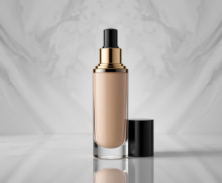 Luxury Glass Foundation Bottle Mockup with Black Cap and Elegant Gold Accents, Realistic Cosmetic Packaging Design for Premium Beauty Brandingの素材