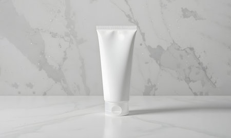 Minimalist White BB Cream Tube Mockup with Matching White Cap, Clean and Realistic Cosmetic Packaging Design for Skincare and Makeup Brandingの素材