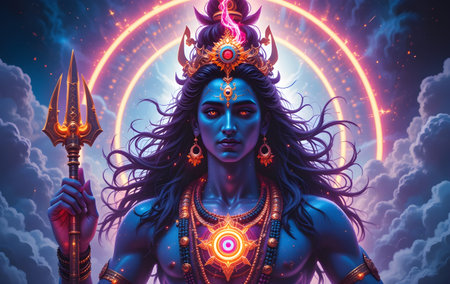 Modern Artistic Representation of Lord Shiva with Futuristic Neon Colors, Fusion of Traditional Iconography and Digital Art Styleの素材
