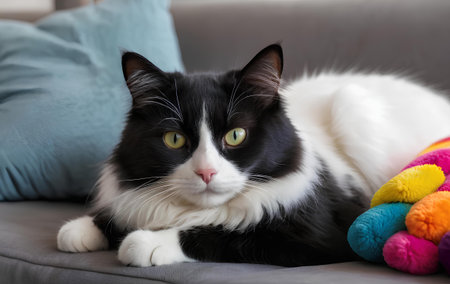 photo of a black and white cat lying on a couch with colorful pillows, close-up details of whiskers and fur textureの素材
