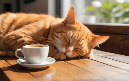 Realistic photo of a cute orange tabby cat sleeping on wooden table beside coffee cup, cozy lifestyle scene with soft lightの素材