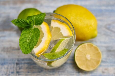 Top view image of cold refreshing summer limonade, mojito or gin tonic with fresh mint and ice...