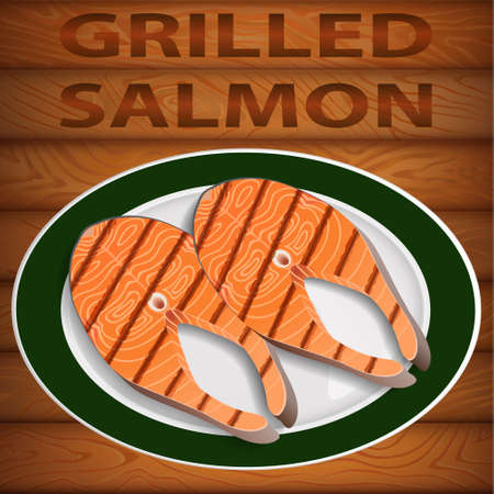 Tasty freshly grilled salmon on big oval dish. Dish is on the wooden table. Vector image can be used for restaurant and cafe menu design, food posters, print cards and other crafts.のイラスト素材