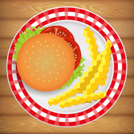 Tasty fresh burger with french fry on beautiful bright plate. Vector image can be used for restaurant and cafe menu design, food posters, print cards and other crafts.のイラスト素材