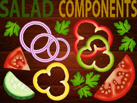 Big set of vegetables for salad on the wood: tomato, cucumber, paprika, onion and parsley. Vector image can be used for restaurant and cafe menu design, food posters, print cards and other crafts.のイラスト素材