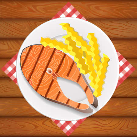 Freshly grilled salmon with french fry. White dish is on the wooden table. Image can be used for restaurant and cafe menu design, food posters, print cards and other crafts.のイラスト素材