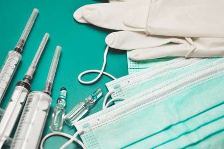 Medical equipment. Coronavirus protection. Medical face mask. Sterile gloves. Syringe and drugs....