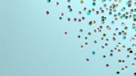 Sequins on blue background. Holographic sequin. Rhinestones. 3d illustration. Fashion backdrop. Embroidery. Rainbow sparkles. Glitter. Digital image.の写真素材