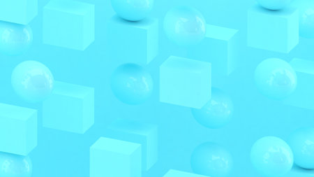 3d cubes and spheres background. Abstract wallpaper. Flying geometric shapes. Trendy modern illustration. 3d rendering. Falling squares and balls. Colorful poster backdrop. Minimal style.の写真素材