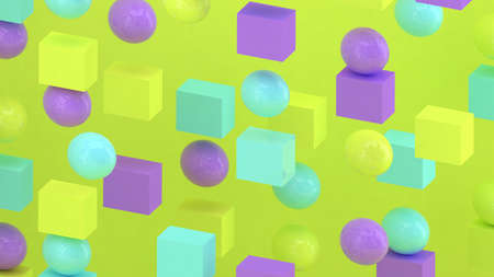 3d cubes and spheres background. Abstract wallpaper. Flying geometric shapes. Trendy modern illustration. 3d rendering. Falling squares and balls. Colorful poster backdrop. Minimal style.の写真素材