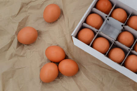 Chicken eggs. Eggs in carton box. Organic. Raw. Fresh. Farm market products. Chicken coop. Hen...