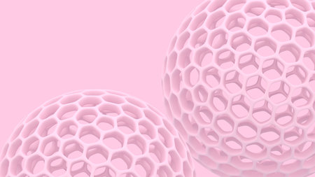 3d spheres with holes. Perforated balls background. Abstract wallpaper. Flying bubbles. Trendy modern illustration. 3d rendering. Cell. Pastel colors. Poster backdrop.の写真素材