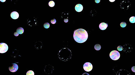Holographic bubbles on black. 3d illustration. Night sky. Glass backdrop. Abstract background. Fairy...