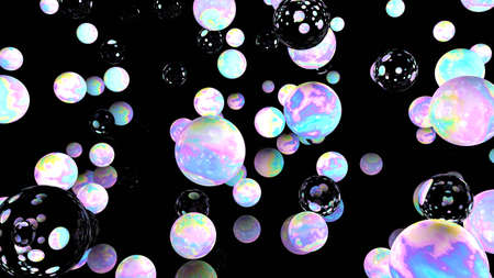 Holographic bubbles on black. 3d illustration. Night sky. Glass backdrop. Abstract background. Fairy wallpaper. Cosmic. Planets. Pink. Blue. Fantasy. Unicorn colors.の写真素材