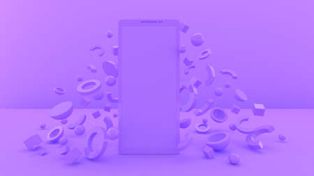 Smartphone 3d illustration. Online entertainment. Network. Social media. Abstract shapes. 3d rendering. Place for text. Trendy pastel color.の写真素材