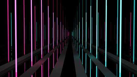 Abstract background. Black glass tunnel. Neon 3d illustration. Futuristic poster. Glowing and glossy objects. Digital image.の写真素材