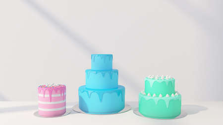 Cakes 3d illustration. Dessert bar. Birthday cake. Anniversary party. Celebration background. Cute pastel colors.の写真素材