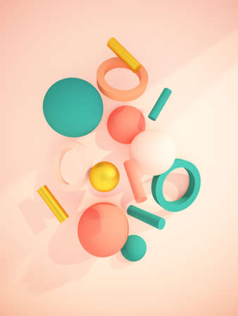 3d shapes retro poster. Abstract greeting card. Pastel colors objects. Abstract 3d illustration....