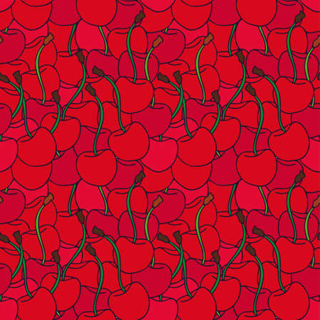 Bright red cherry doodle summer pattern. Vector illustration can be used for backgrounds, web design, surface textures and other crafts.のイラスト素材