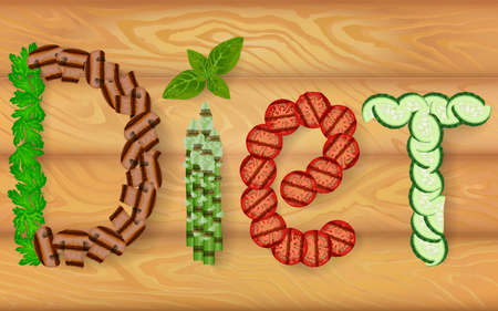Word diet made from vegetables on the wooden texture. Vector image can be used for posters and print cards design about health and diets.のイラスト素材