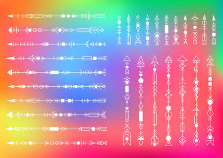 Set of 28 unusual minimalism geometric arrows. Trendy hipster style symbols rainbow collection. Vector ornament can be used for web design, backgrounds, textile, cards, tattoo and other crafts.のイラスト素材