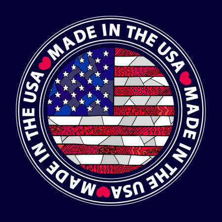 colorful lable made in the USA with american flag background. Vector ornament can be used for web design, backgrounds, textures, creating textile, cards and other crafts.のイラスト素材