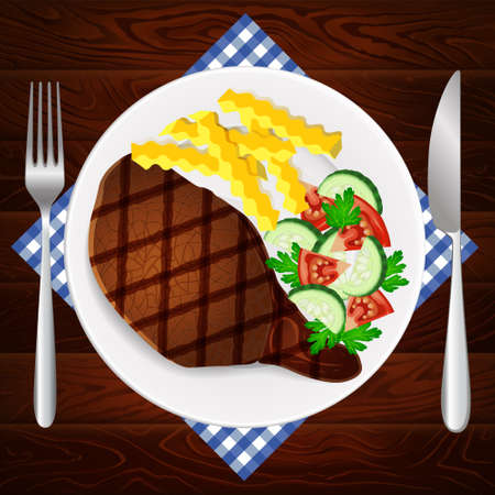 Meat steak with fresh salad and french fry on white plate placed on dark wooden table. Vector illustration can be used for restaurant and cafe menu or food posters design, prints or other crafts.のイラスト素材