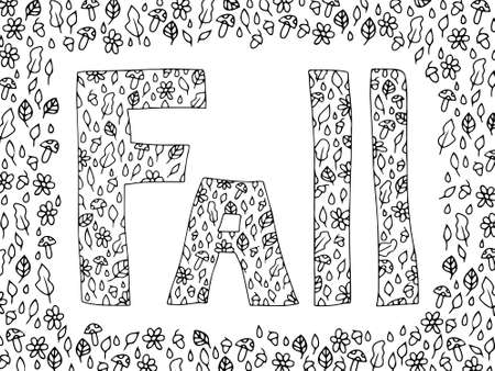 Fall doodle sign with leaves, mushrooms amanita, oak acorns, autumn flowers and blue raindrops. Kids style vector can be used for web design, textures, prints and other.のイラスト素材