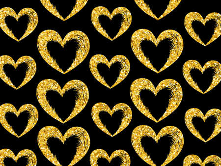 Valentines day love hearts background. Golden glitter hearts on black background. Vector image can be used for web design, printed products, posters and greeting cards.のイラスト素材