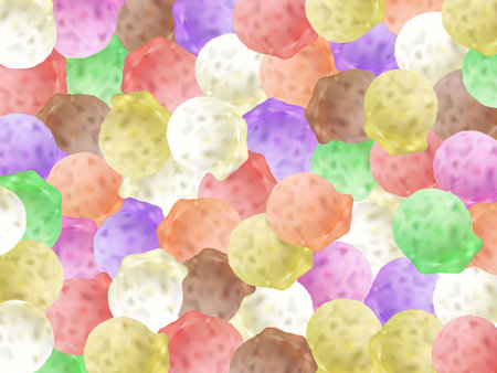Ice cream background. Ice cream balls. Different flavors and tastes of gelato. Vanila gelato. Chocolate ice cream. Mint and strawberry gelato. Summer background.のイラスト素材