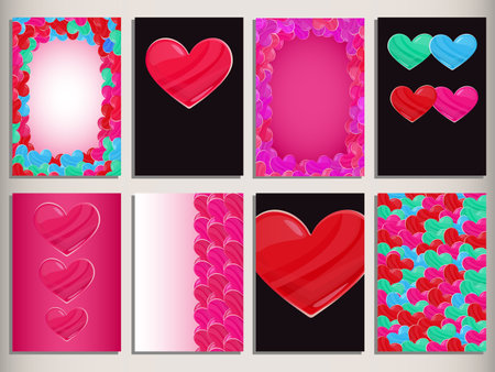 Valentines day hearts cards set. Hearts frames and background elements. Vector greeting cards and invitations. Valentine day cartoon hearts.のイラスト素材