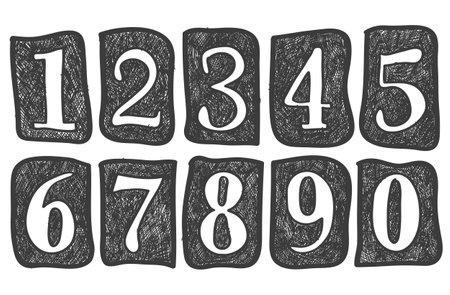 Doodle numbers. Pencil effect sketches. Drawn notepad collection of simple numbers: one, two, tree, four, five, six, seven, eight, nine and zero.のイラスト素材