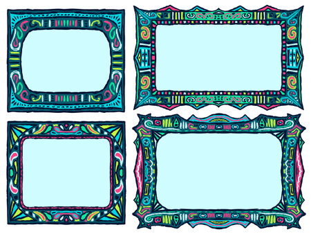 Doodle frames set. Tribal sketch collection of frames. Ethnic aztec style vector illustration. Drawn island native ornaments.のイラスト素材