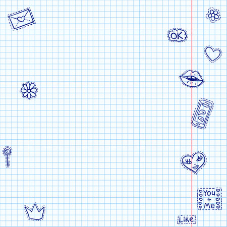 Exercise book page with doodle stickers. Fashion trendy cartoon patch badges. Diary page background. Blue pen sketch vector. Social media funny hashtags texture.のイラスト素材