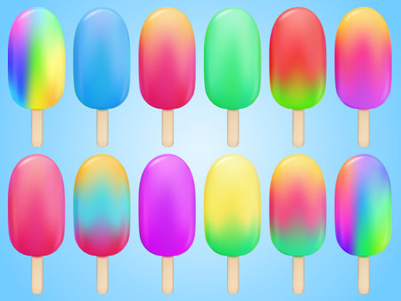 Ice cream set. Ice cream on a stick. Berry and fruit sweet frozen dessert for kids. Summer cold juice collection. Vector illustration for menu design or food posters and banners.のイラスト素材