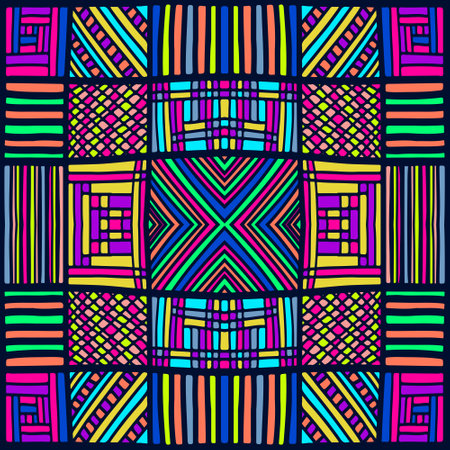 Squares pattern with simple ornament. Seamless colorful texture. Vector illustration for web design, interior fabric, clothes design or printed products.のイラスト素材