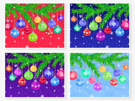 Christmas posters set. Merry Christmas. Pine tree branch on snowy background. Christmas tree balls. Watercolor effect New Year vector for printed products or winter time web design.のイラスト素材
