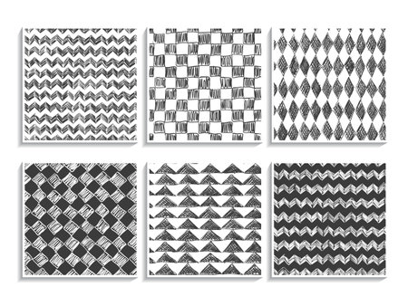 Doodle patterns set. Abstract sketch textures. Simple ornaments collection. Pencil effect drawing backgrounds. Vector seamless swatches for web design, fabric, paper and printed products.のイラスト素材