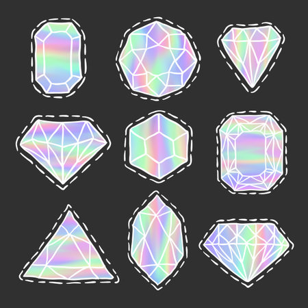 Diamonds patch badges set. Holographic gems doodles. Trendy sketch vector. Stickers with jewelry stones. Brilliants and crystals. Fashionable jewel pins.のイラスト素材