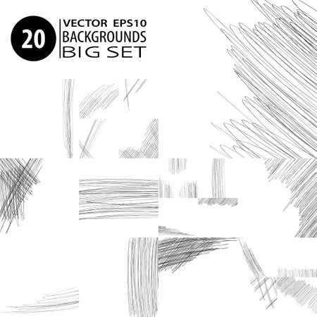 Doodle backgrounds. Big set of 20 abstract layouts. Ink scribbles templates. Pencil hand drawn effect. Vector illustrations for modern printed products.のイラスト素材
