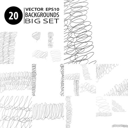 Doodle backgrounds. Big set of 20 abstract layouts. Ink scribbles templates. Pencil hand drawn effect. Vector illustrations for modern printed products.のイラスト素材