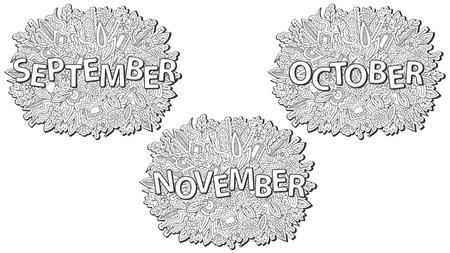 Autumn backgrounds set. September. October. November. Fall theme doodles. ornament. Calendar or poster element. Autumn vector for web design or printed products.のイラスト素材