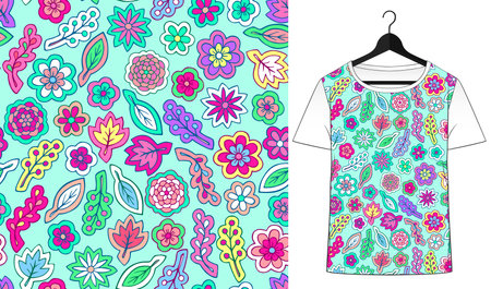 Floral pattern for fabric. Tribal doodle ornament. T-shirt simple mockup. Vector illustration for fabric or denim. Fashion design. Hand drawn effect cute illustration.のイラスト素材