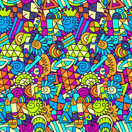 Doodles vector pattern. Abstract ethnic elements background. Trendy summer concept. Simple funny ornament. Unusual doodles. Pencil effect sketches.のイラスト素材